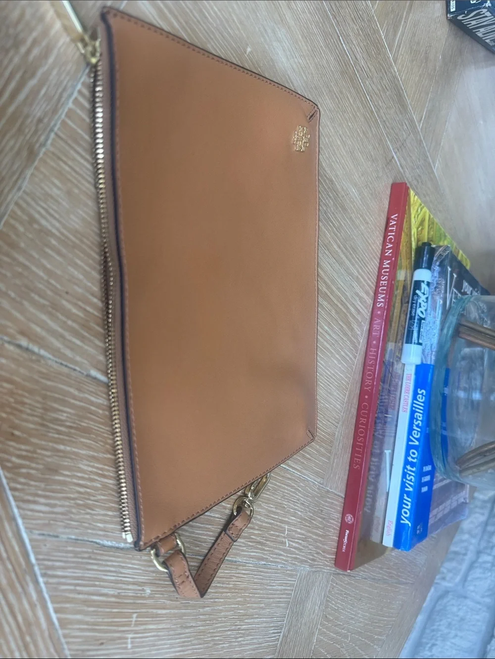 Tory Burch Cognac Leather Wristlet with Gold Hardware